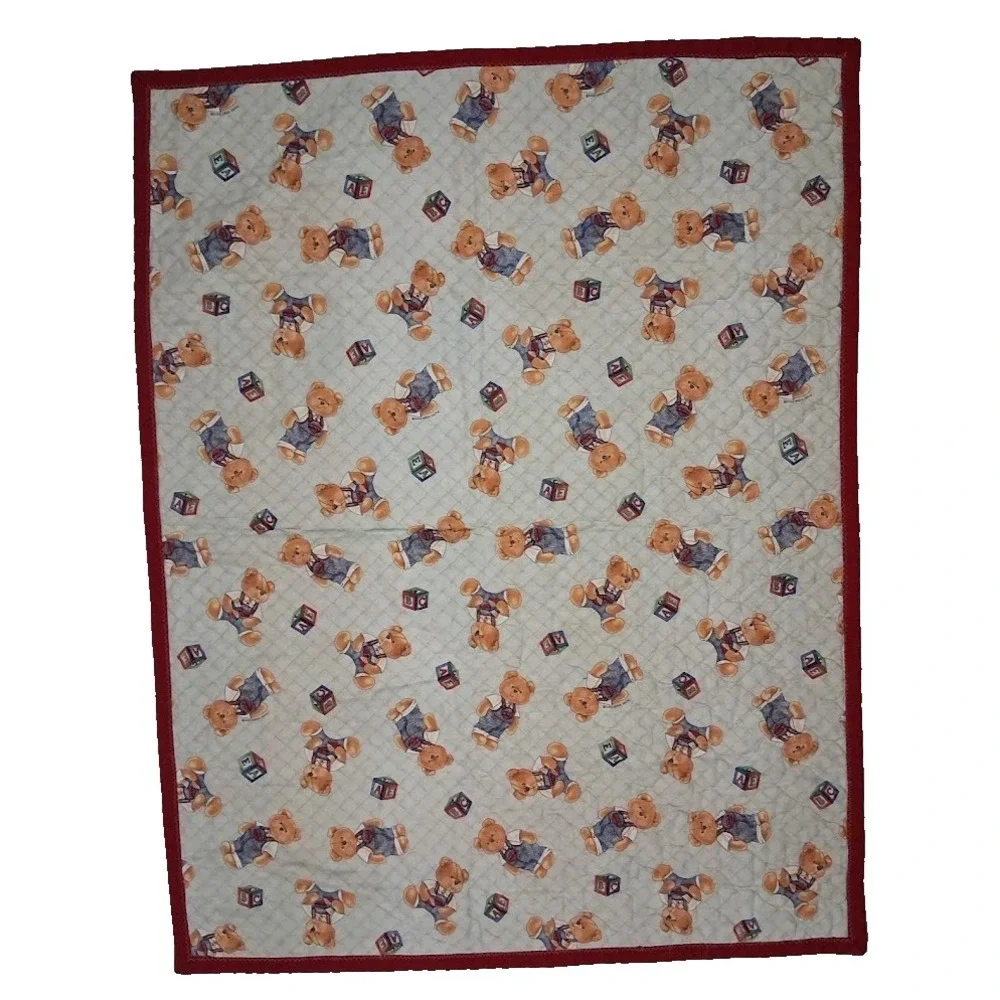 Vtg Handmade Daisy Kingdom Bear Toys Baby Crib Blanket Quilt Unisex Nursery